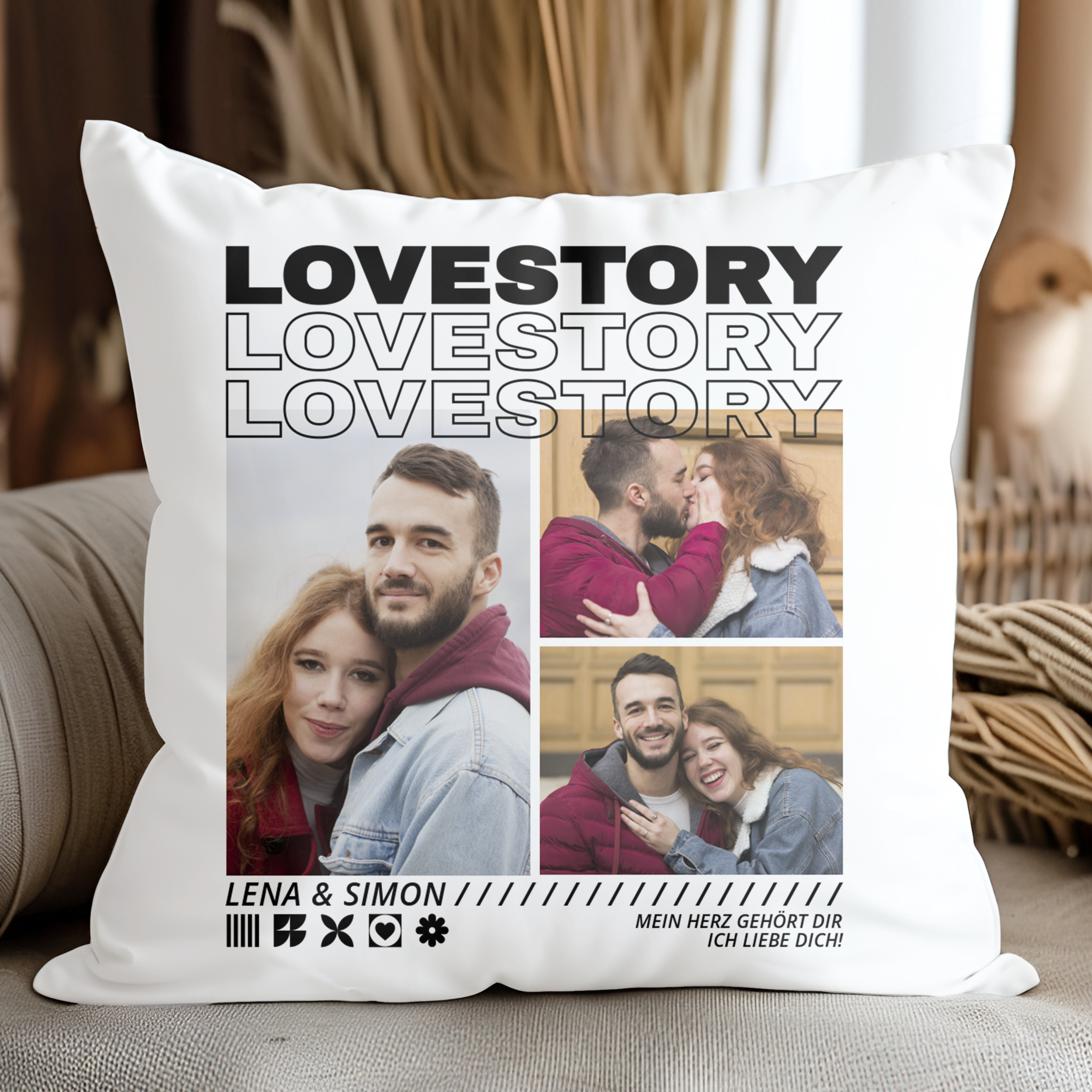 Lovestory - Personalisiertes Kuschelkissen für Paare mit Fotos und Namen