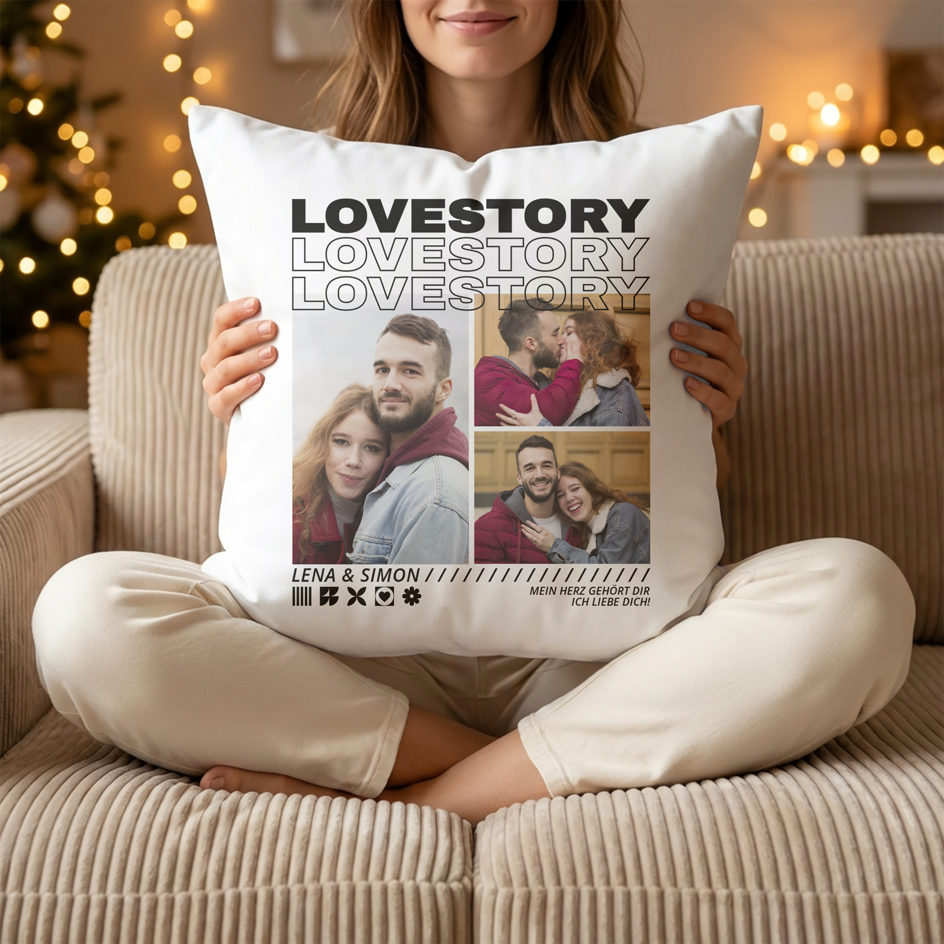 Lovestory - Personalisiertes Kuschelkissen für Paare mit Fotos und Namen