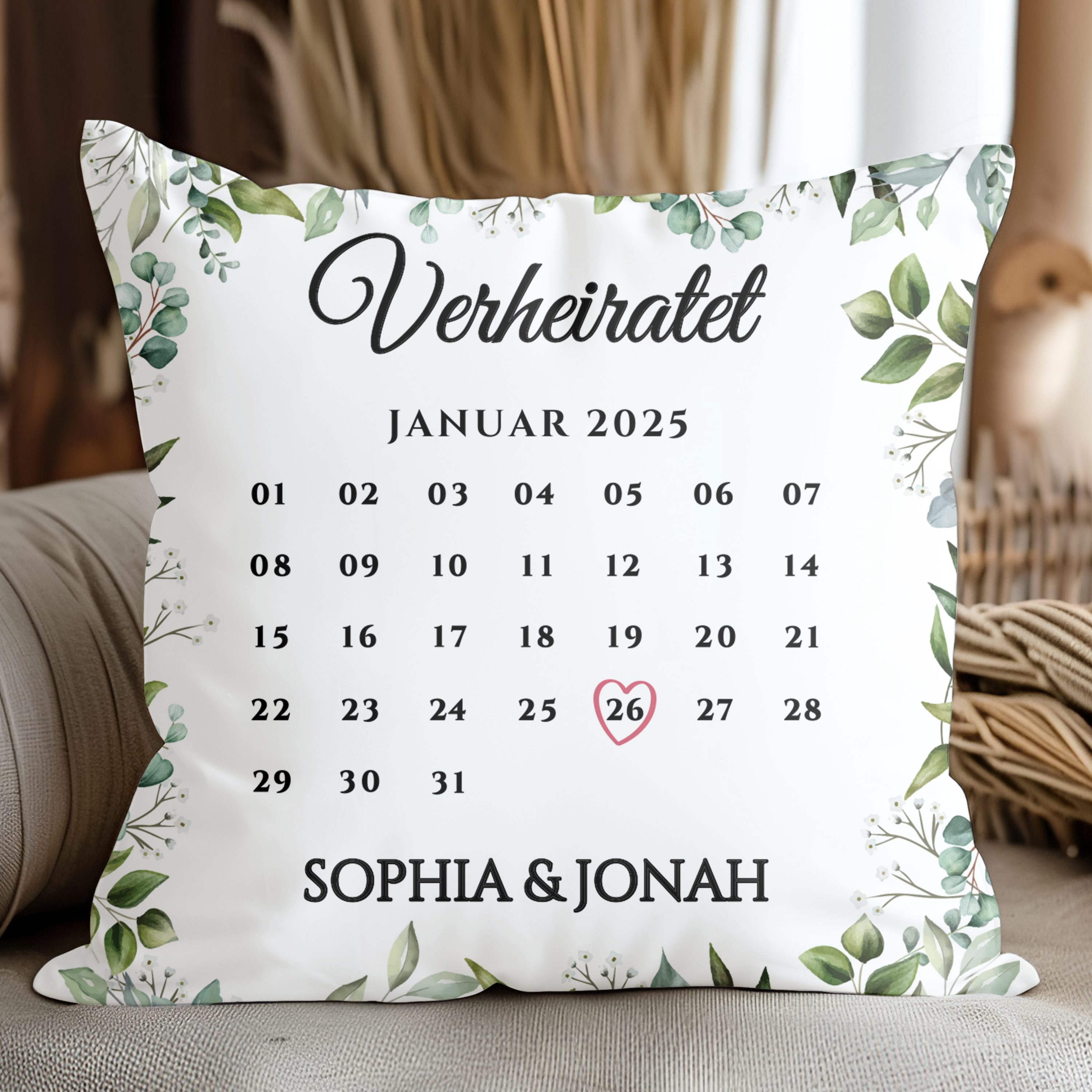 Unser Hochzeitstag - Personalisiertes Kuschelkissen für Paare mit Kalenderblatt