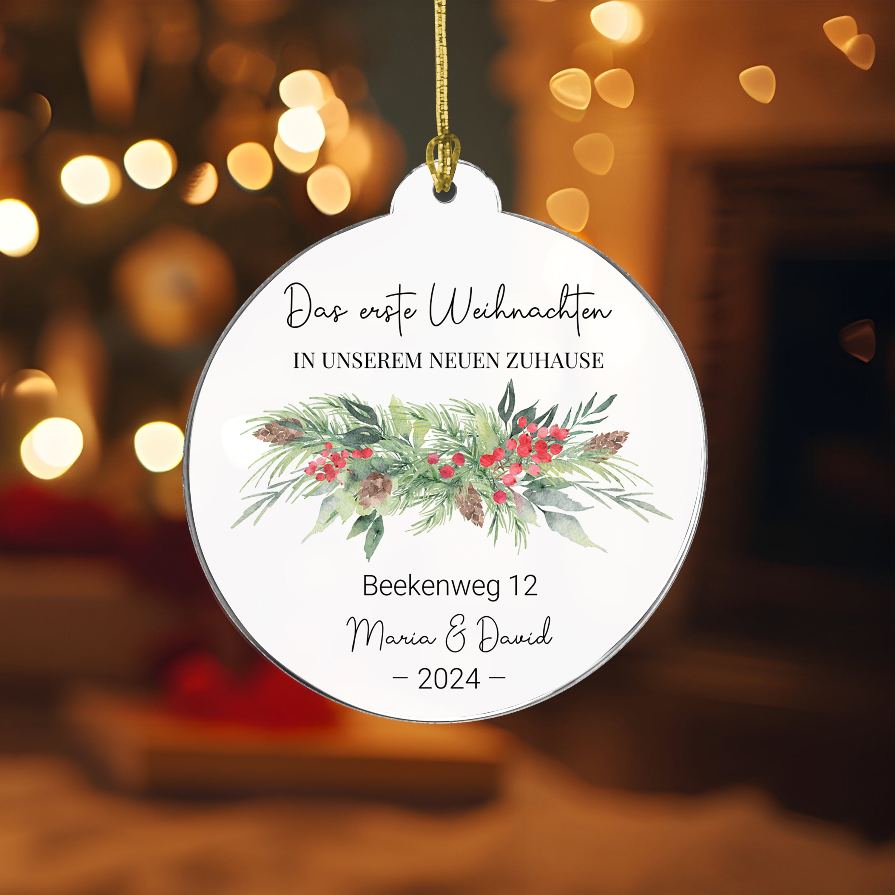 Erstes Weihnachten Zuhause (Lorbeer) - Personalisierter Christbaumschmuck