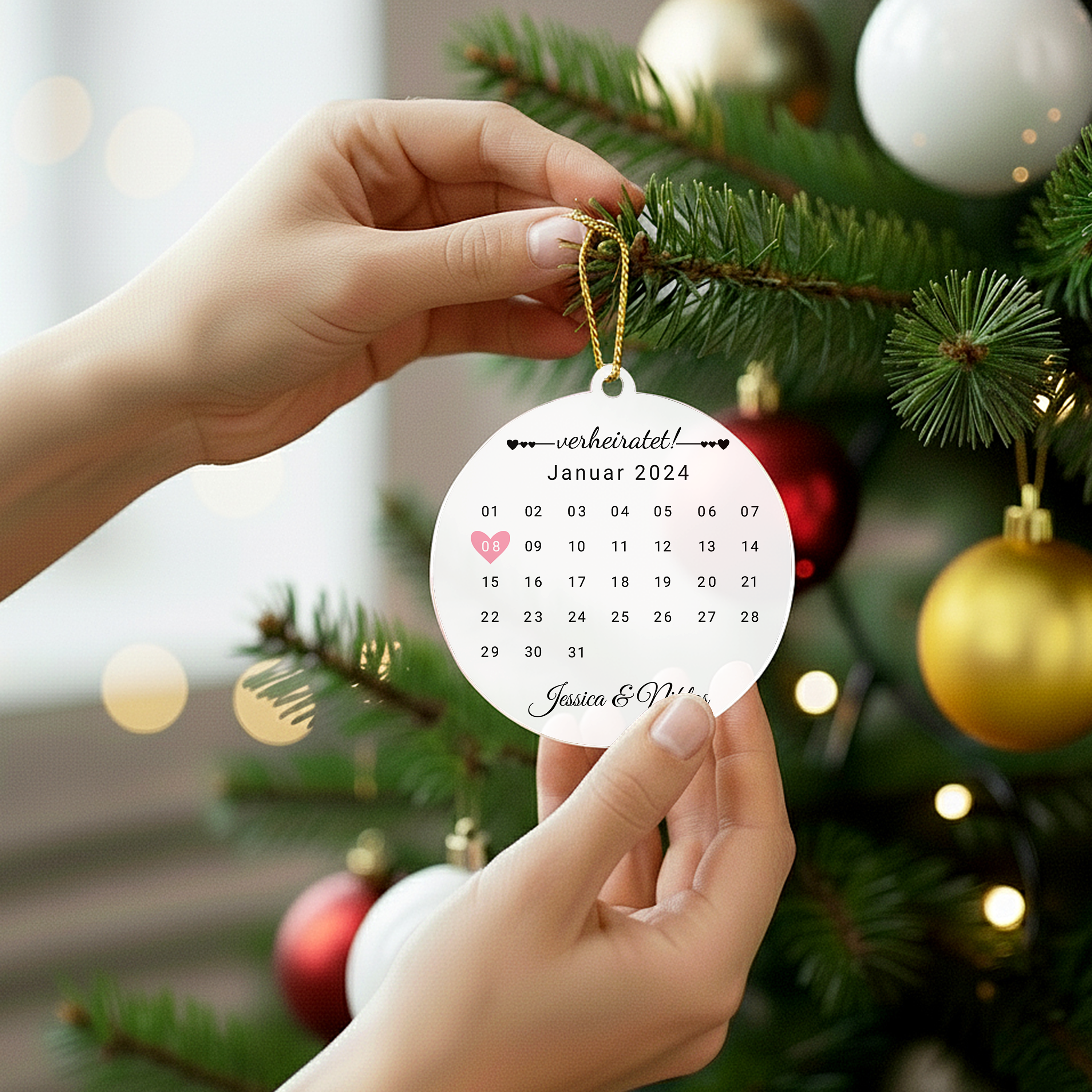Hochzeitsdatum mit Kalenderblatt - Personalisierter Christbaumschmuck