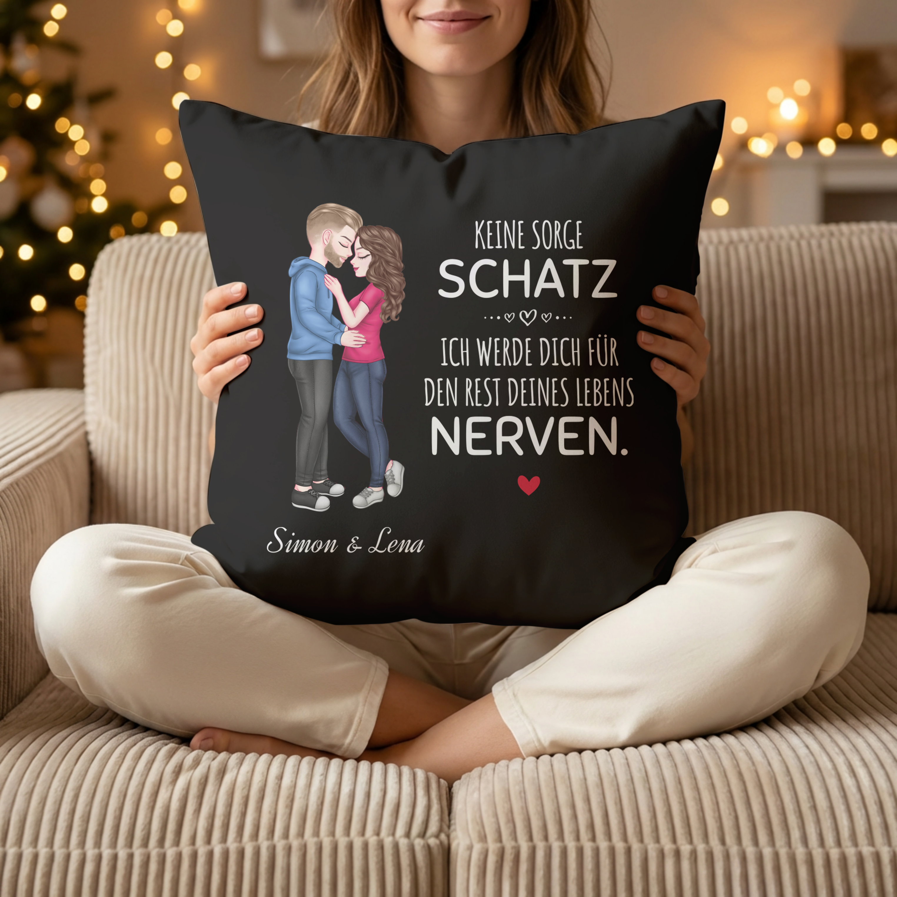 Keine Sorge Schatz - Personalisiertes Kissen für Paare in Schwarz