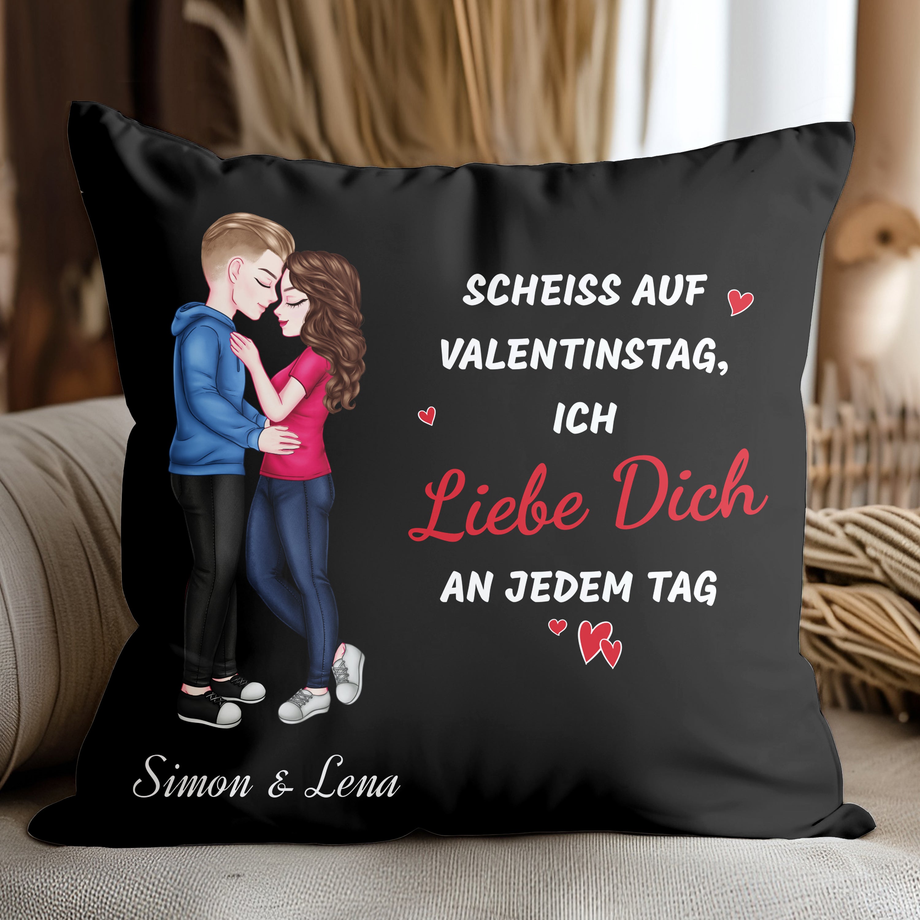 Scheiss auf Valentinstag - Personalisiertes Kissen für Paare in Schwarz