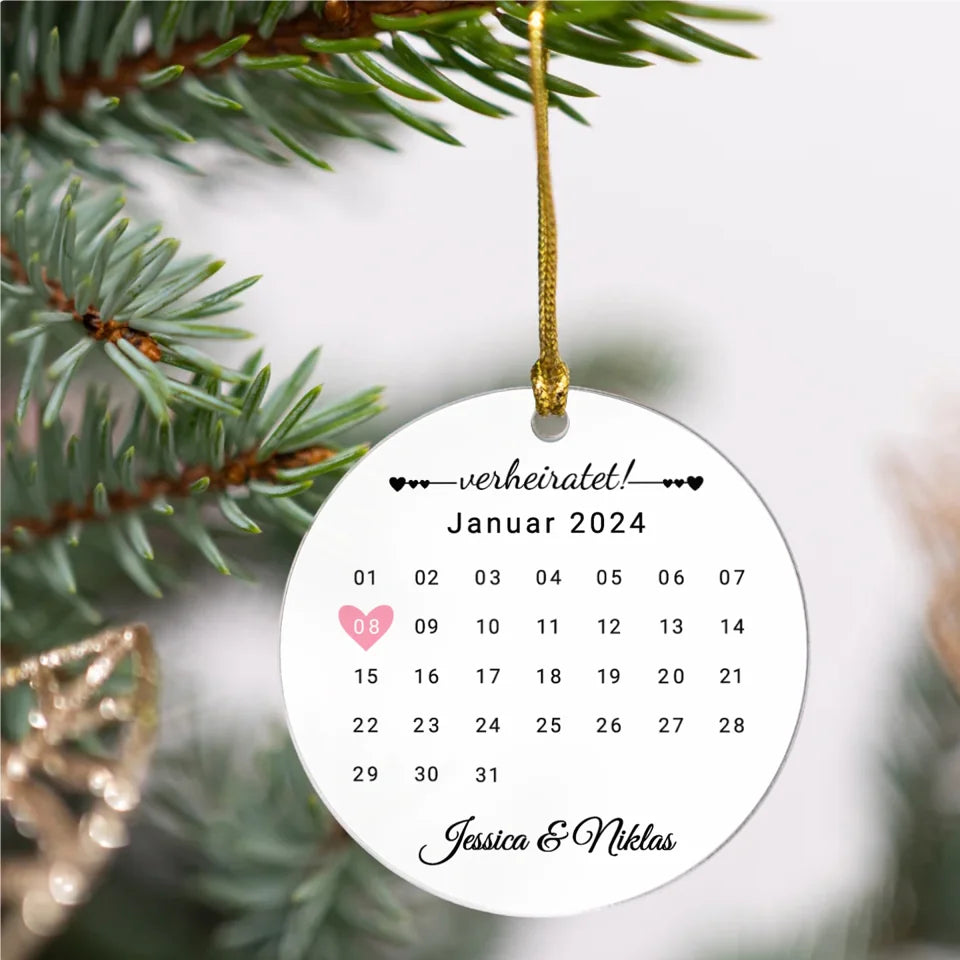 Hochzeitsdatum mit Kalenderblatt - Personalisierter Christbaumschmuck