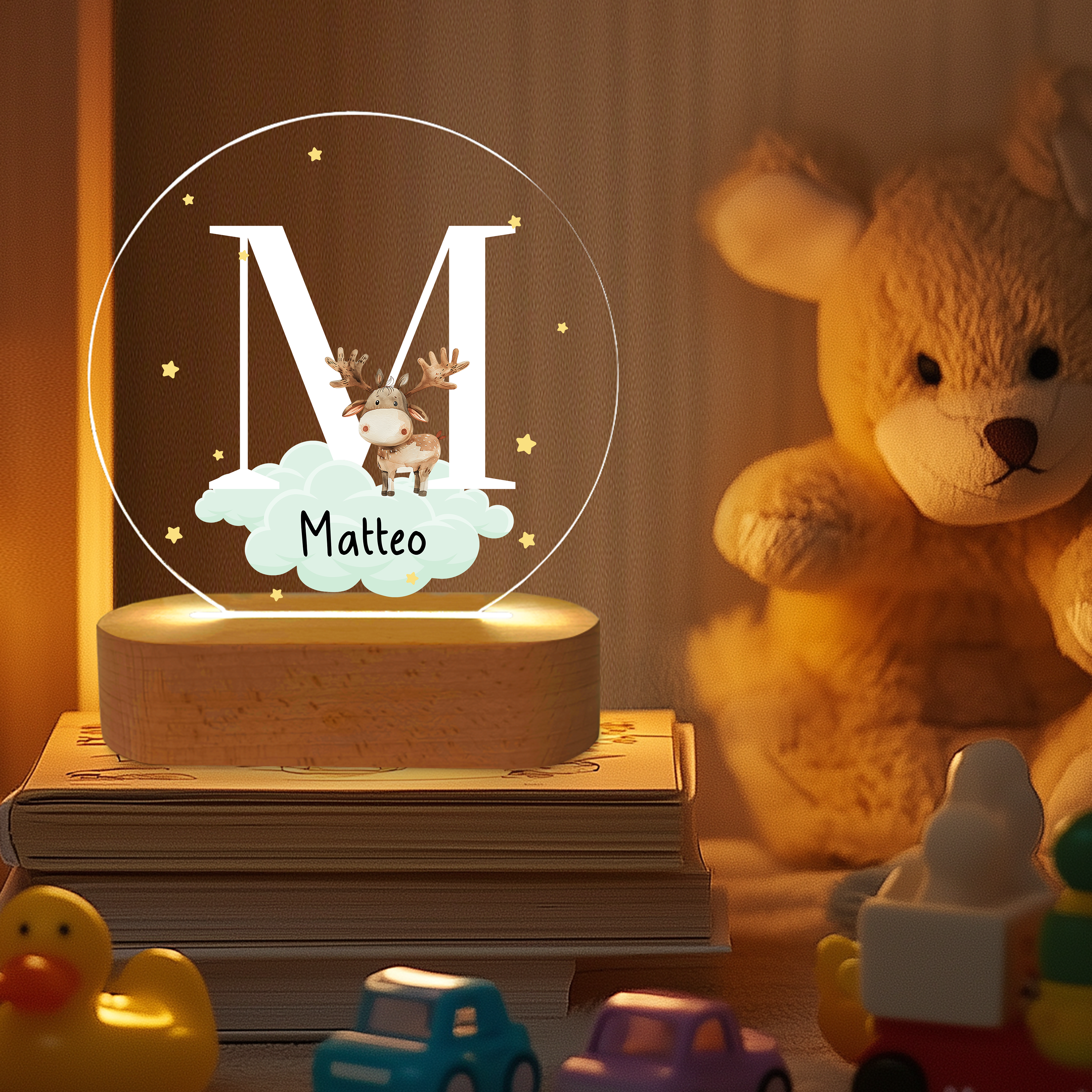 Name und Tier auf der Wolke - Personalisiertes Nachtlicht für Kinder