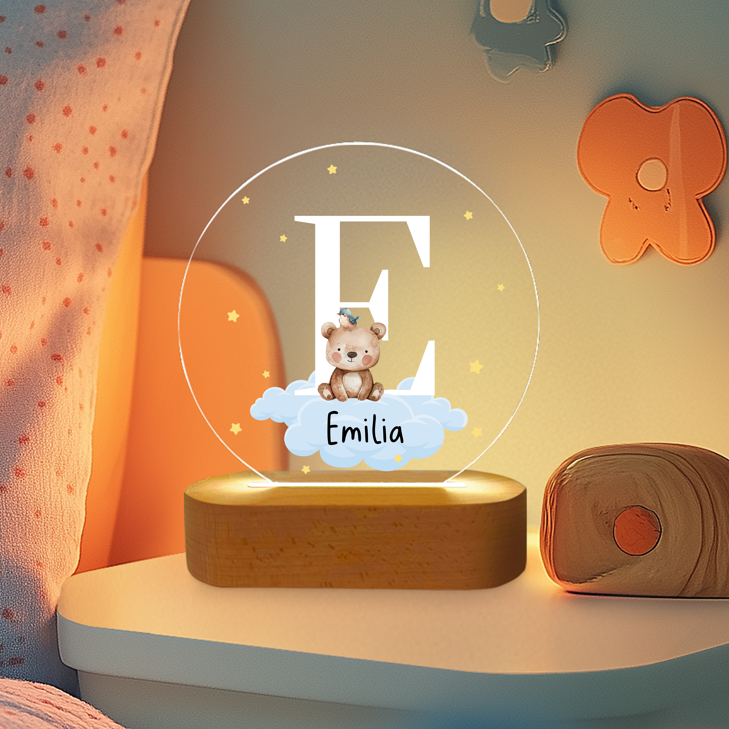 Name und Tier auf der Wolke - Personalisiertes Nachtlicht für Kinder