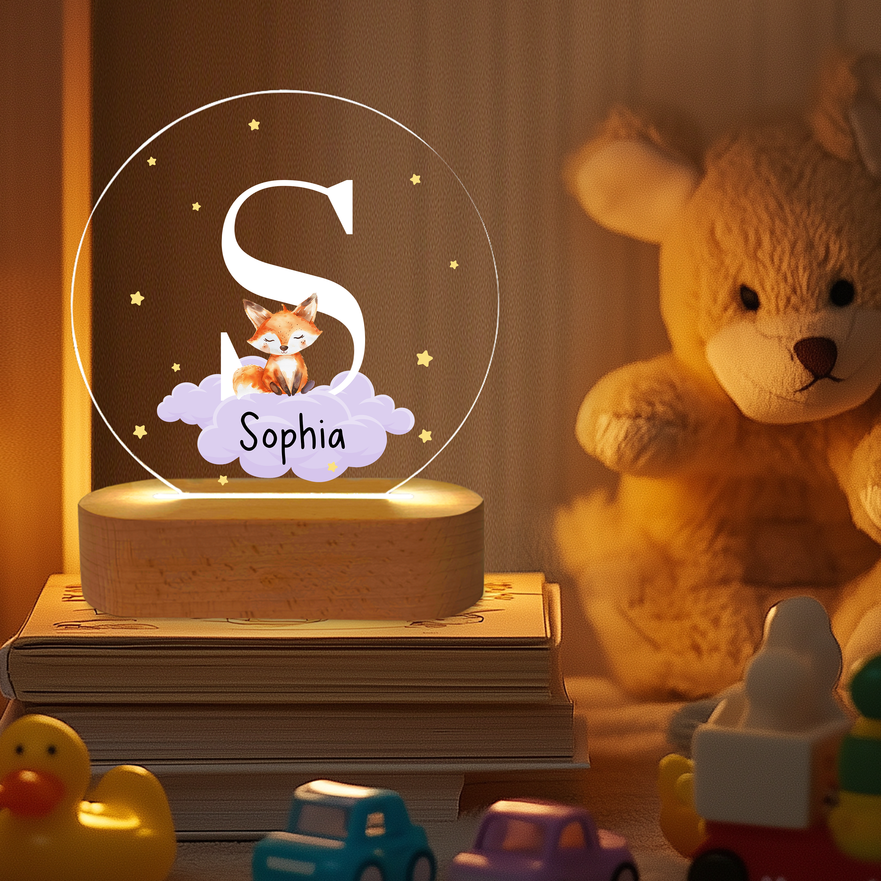 Name und Tier auf der Wolke - Personalisiertes Nachtlicht für Kinder