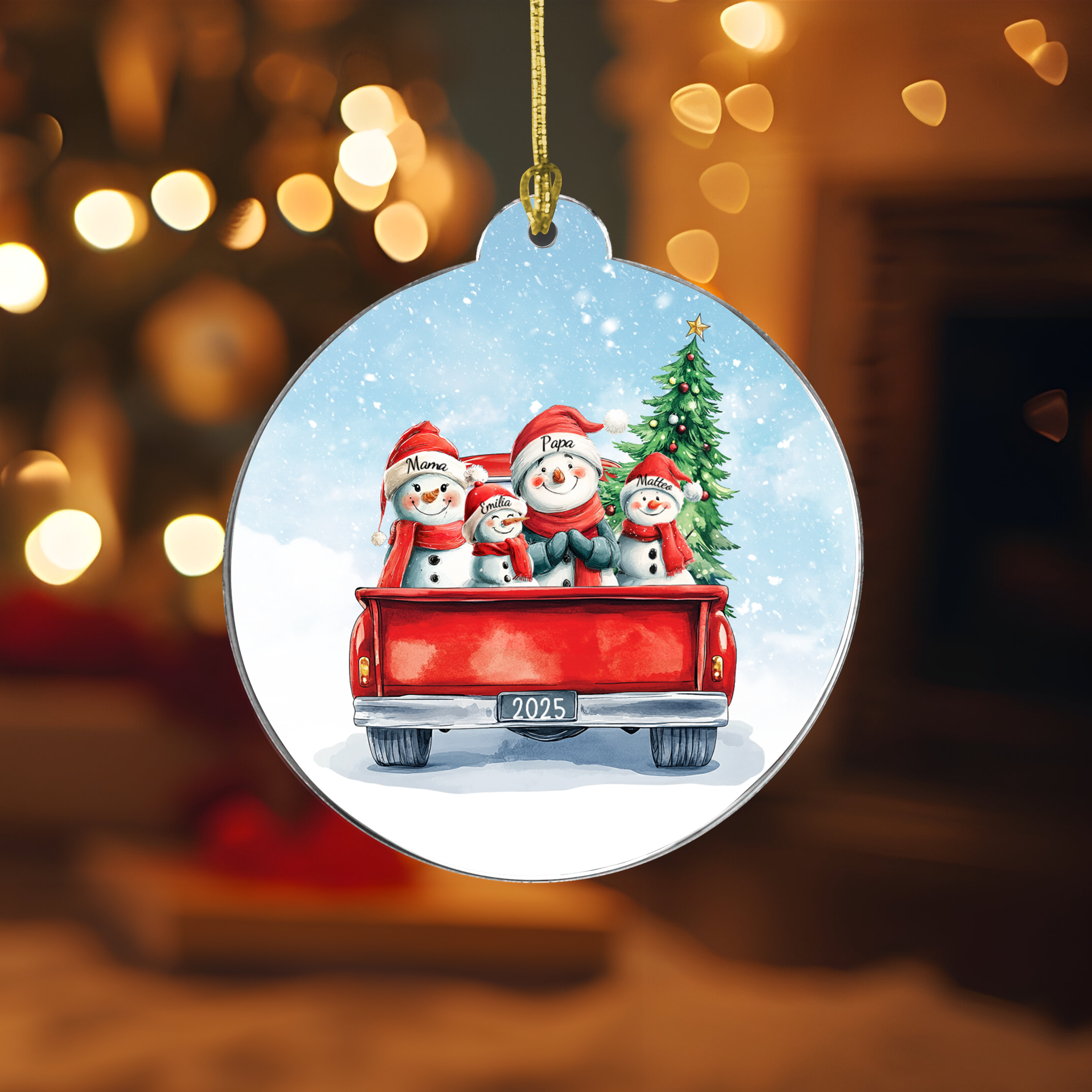Schneemann Familie im Auto - Personalisierter Christbaumschmuck