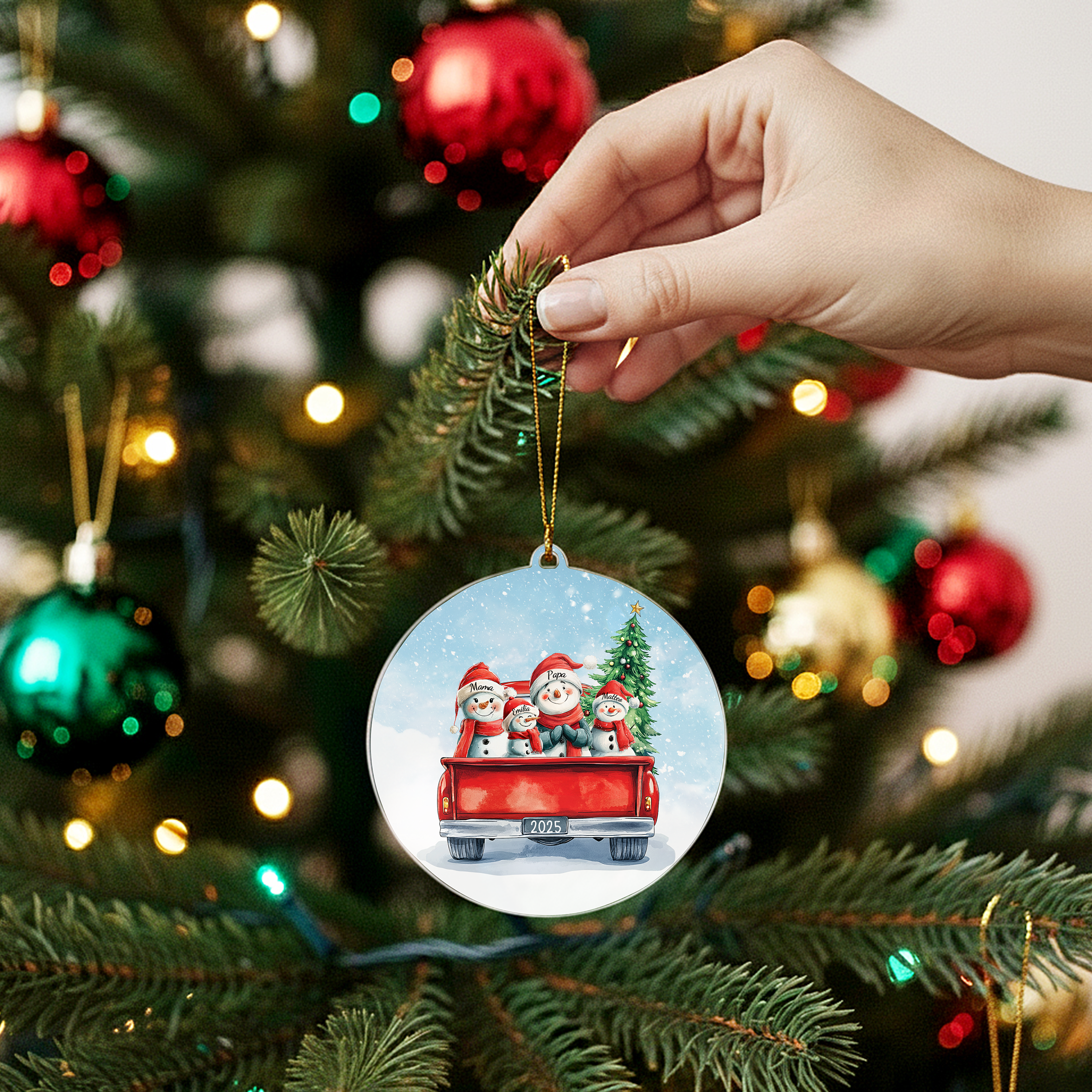 Schneemann Familie im Auto - Personalisierter Christbaumschmuck