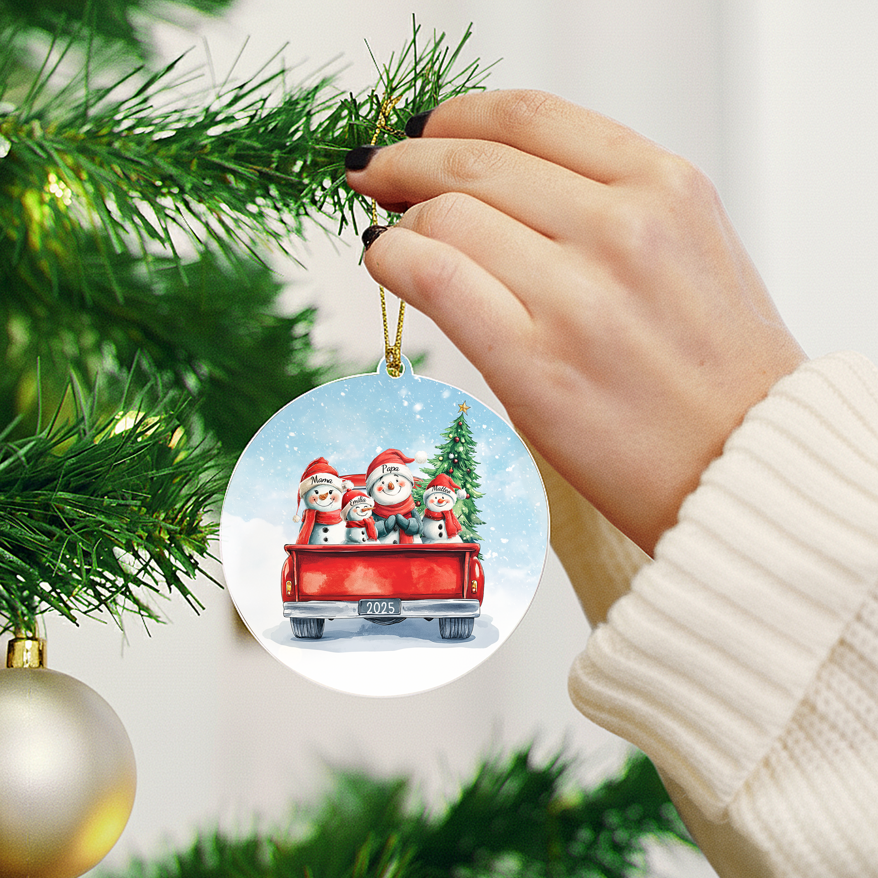 Schneemann Familie im Auto - Personalisierter Christbaumschmuck