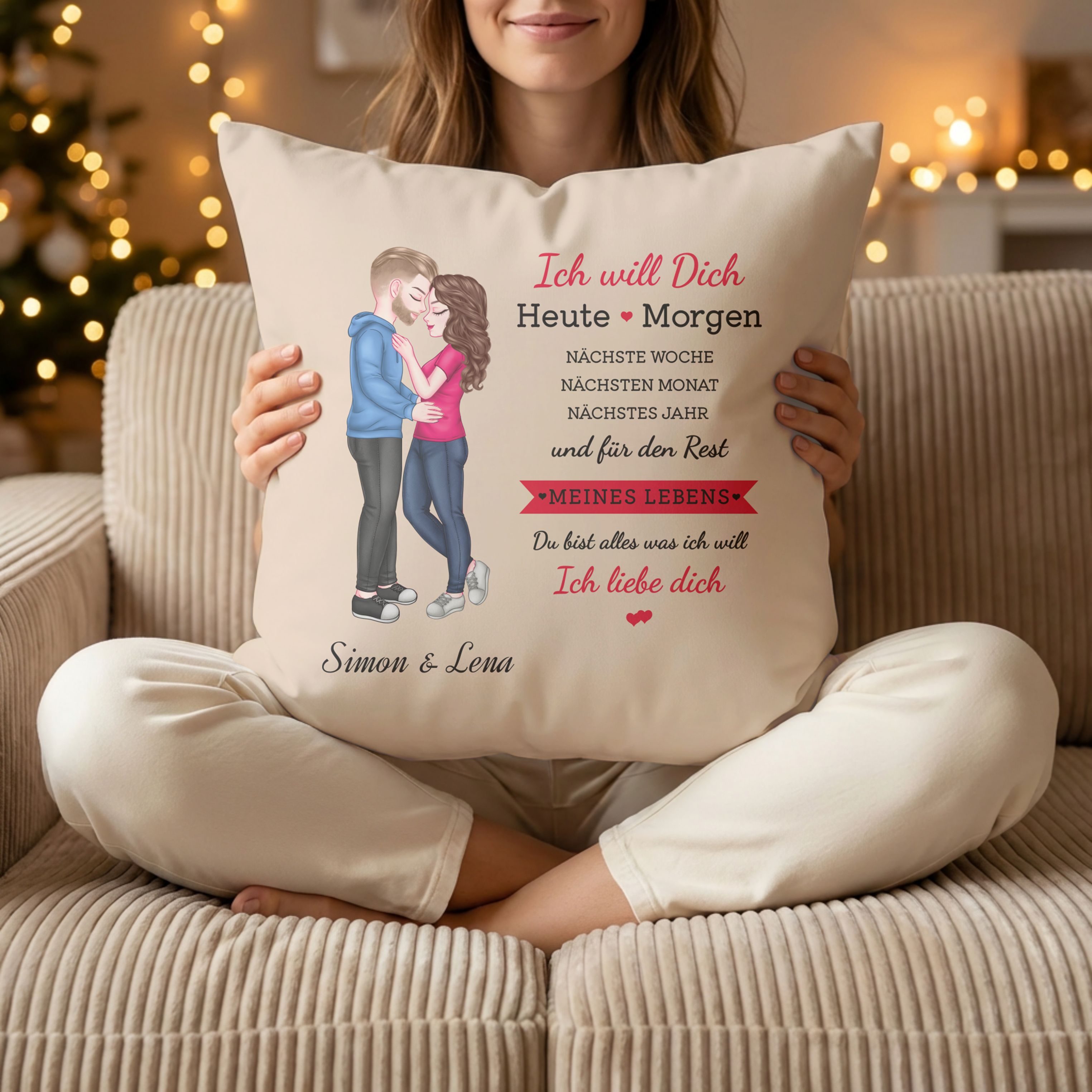 Ich will dich - Personalisiertes Kissen für Paare in Beige