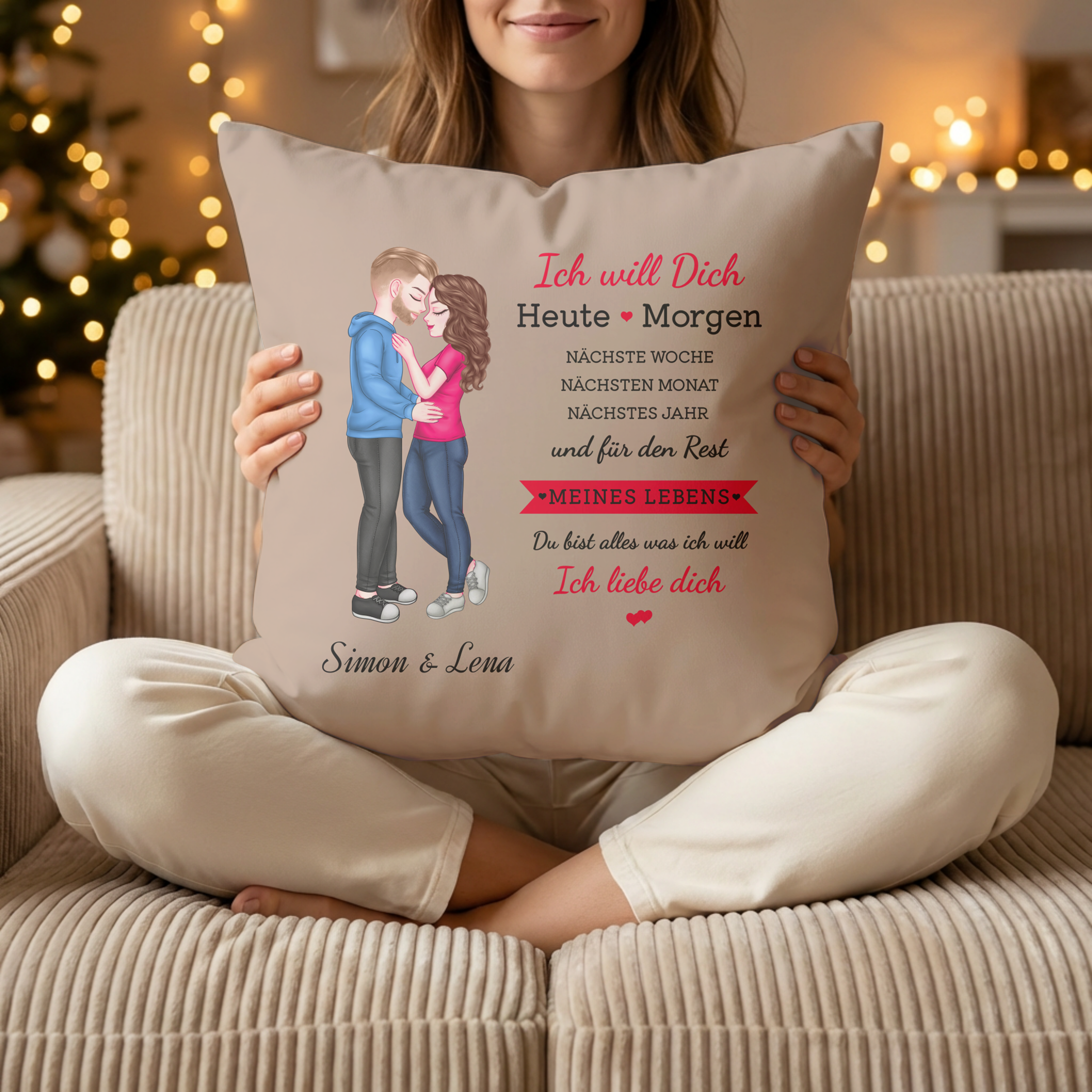 Ich will dich - Personalisiertes Kissen für Paare in Dunkel Beige